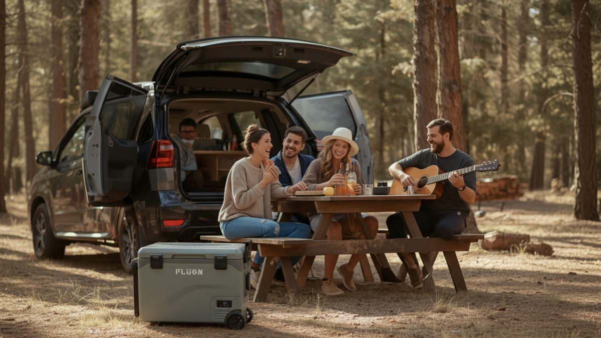 A group of friends on picnic in a forest eating and enjoying music with Flugn portable fridge freezer on the ground.