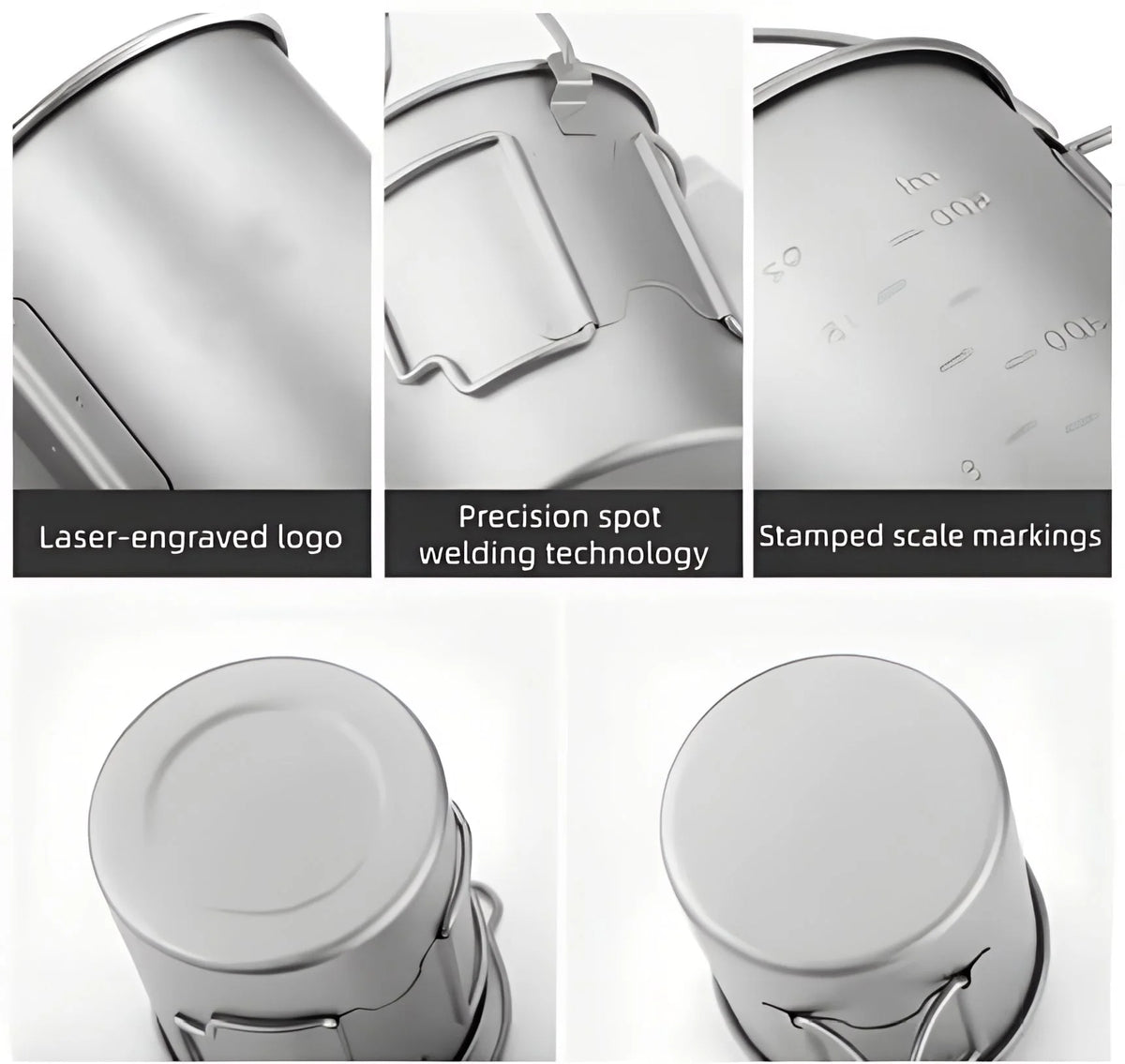 Close-up details of a metallic container with laser-engraved logo, precision spot welding technology, and stamped scale markings.